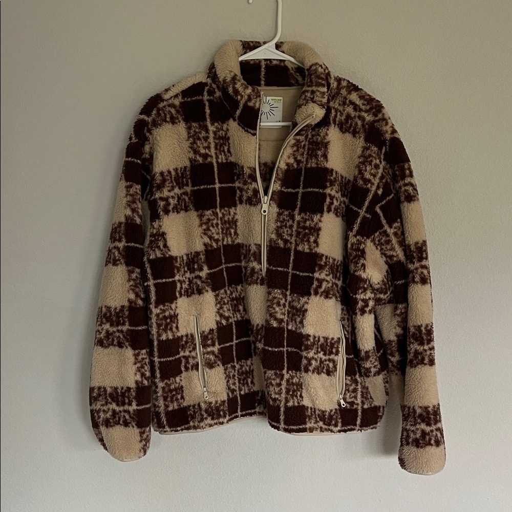 Aerie Checkered Fleece Zip-Up Jacket - Brown and Cream